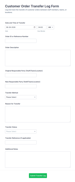 Customer Order Transfer Log Form Template