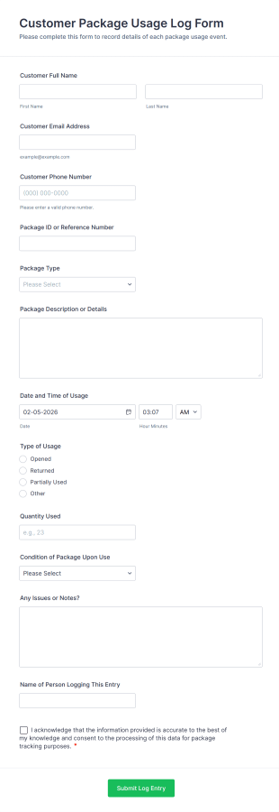 Customer Package Usage Log Form Template
