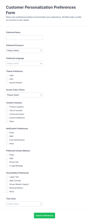Customer Personalization Preferences Form Template