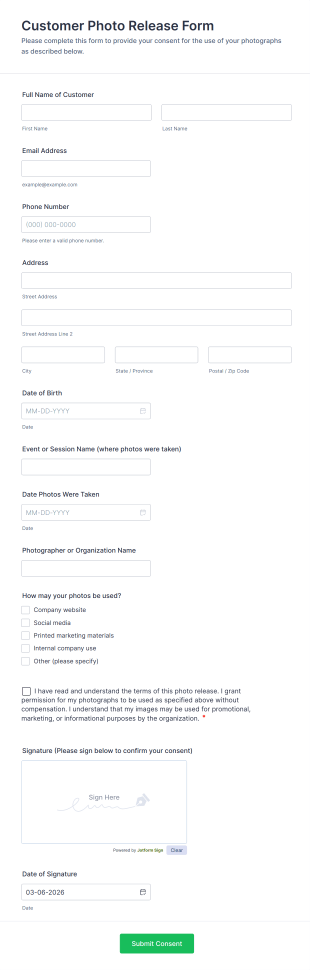 Customer Photo Release Form Template