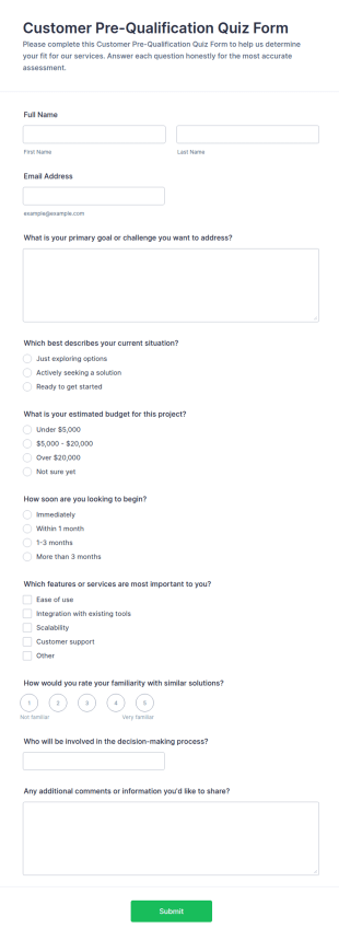 Customer Pre Qualification Quiz Form Template
