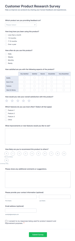 Customer Product Research Survey Form Template