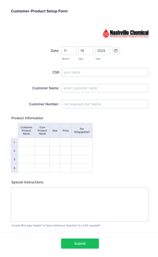 Customer Product List Setup Form Template