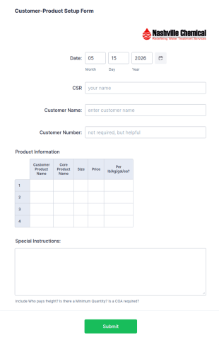 Customer Product List Setup Form Template