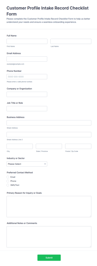 Customer Profile Intake Record Form Template