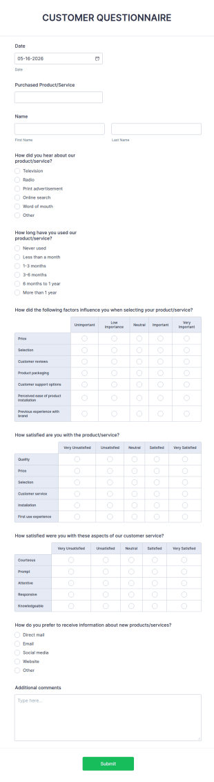Customer Questionnaire Form Template