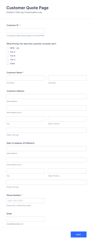 Customer Quote Page Form Template