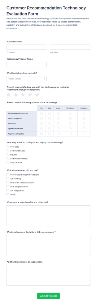 Customer Recommendation Technology Evaluation Form Template