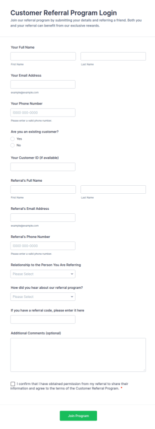 Customer Referral Program Login Form Template