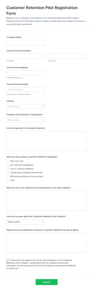 Customer Retention Pilot Registration Form Template