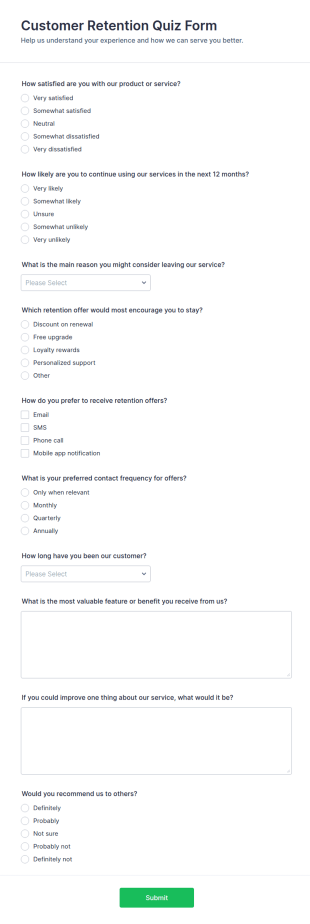 Customer Retention Quiz Form Template
