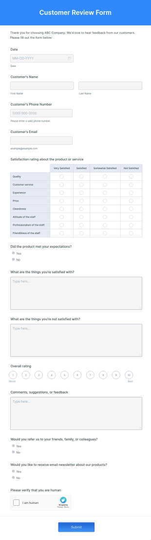 Customer Review Form Template