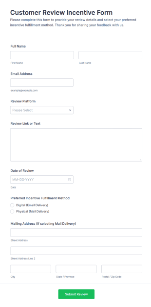 Customer Review Incentive Form Template