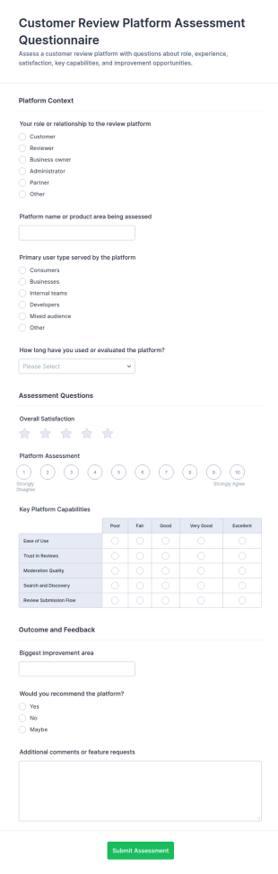Customer Review Platform Assessment Questionnaire Form Template