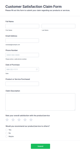 Customer Satisfaction Claim Form Template