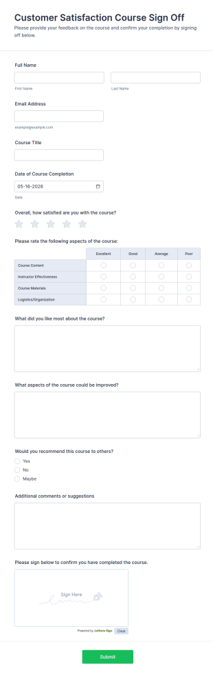 Customer Satisfaction Course Sign Off Form Template