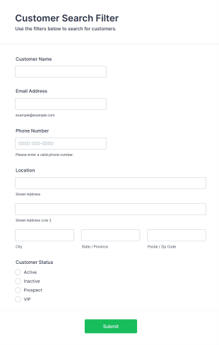 Customer Search Filter Form Template