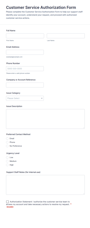 Customer Service Authorization Form Template