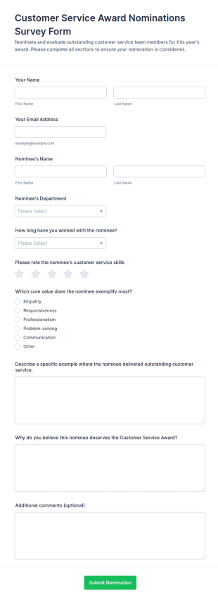 Customer Service Award Nominations Survey Form Template