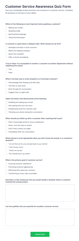 Customer Service Awareness Quiz Form Template