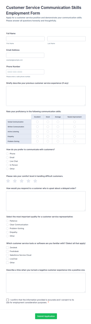 Customer Service Communication Skills Employment Form Template