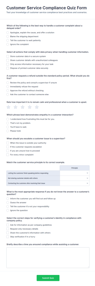Customer Service Compliance Quiz Form Template