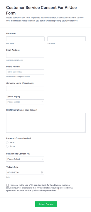 Customer Service Consent For AI Use Form Template