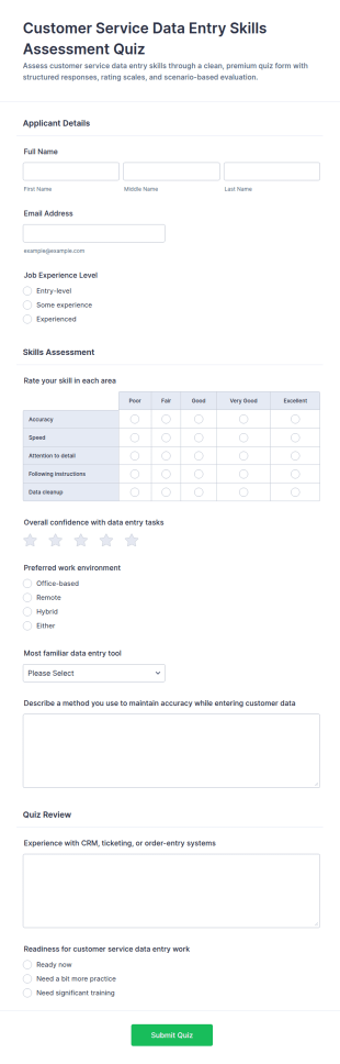 Customer Service Data Entry Skills Assessment Quiz Form Template