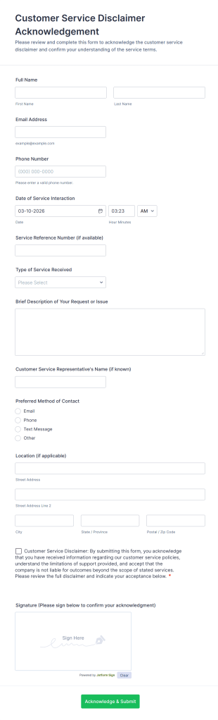 Customer Service Disclaimer Acknowledgement Form Template