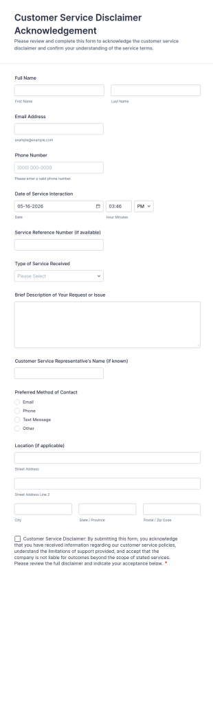 Customer Service Disclaimer Acknowledgement Form Template