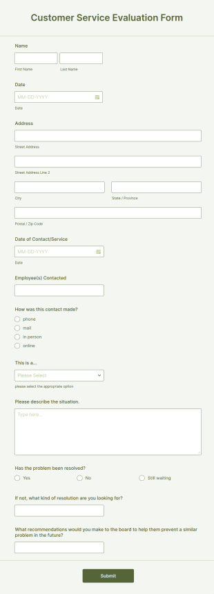 Customer Service Evaluation Form Template