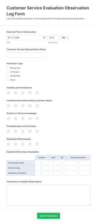Customer Service Evaluation Observation Log Form Template