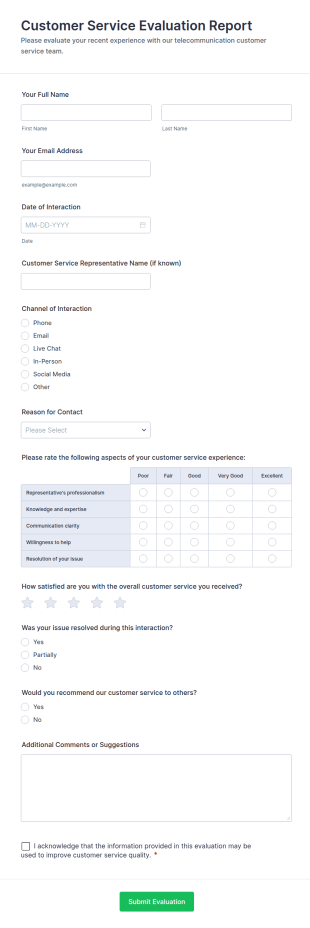 Customer Service Evaluation Report Form Template