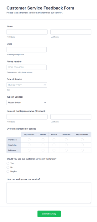 Customer Service Feedback Form Template