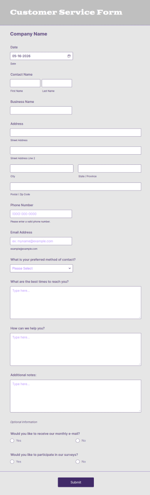 Customer Service Form Template