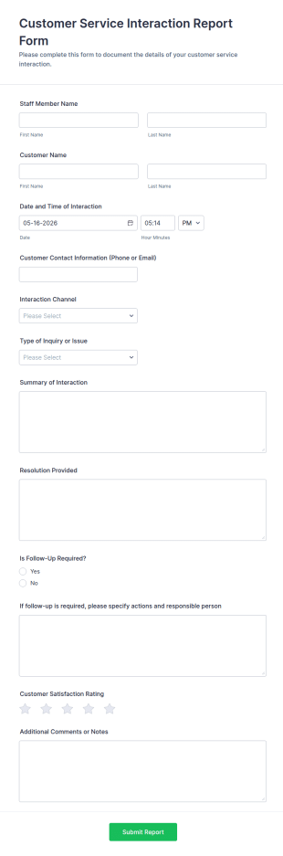 Customer Service Interaction Report Form Template