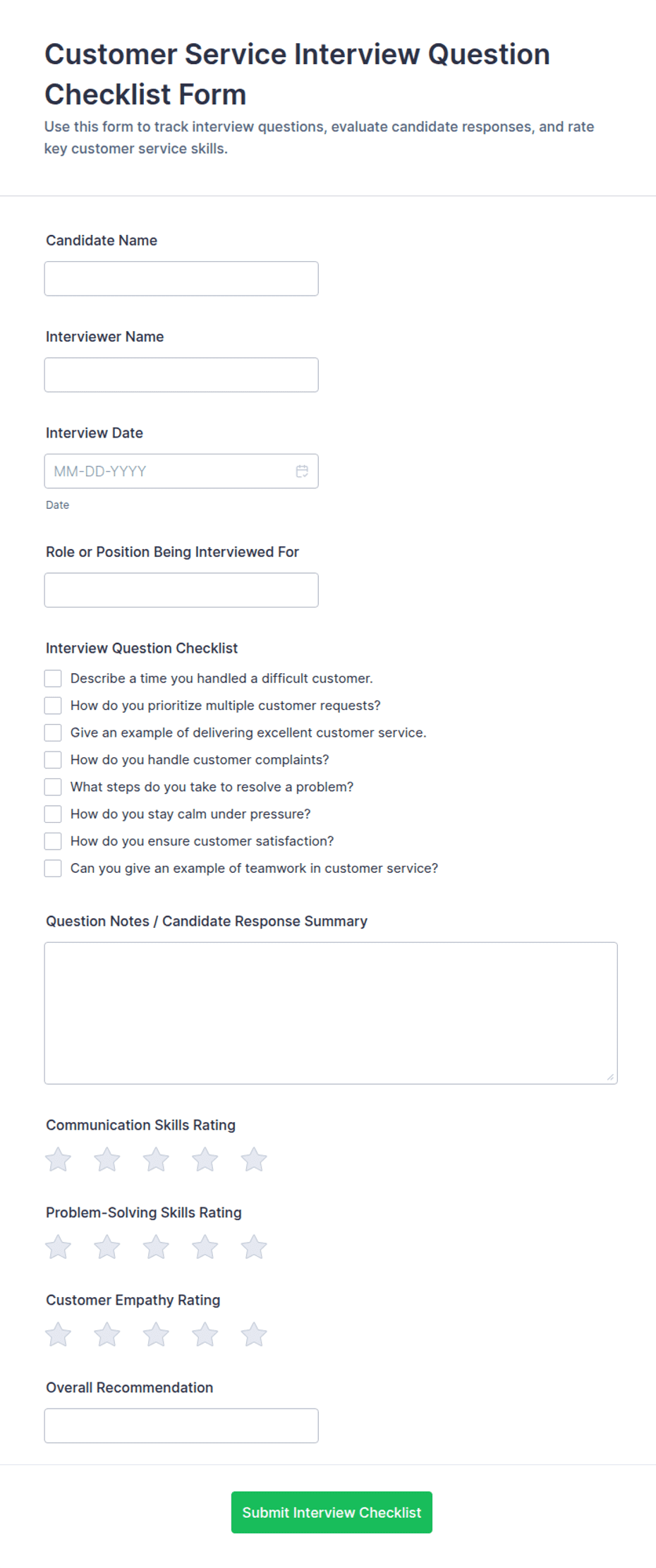 Customer Service Interview Question Checklist Form Template | Jotform