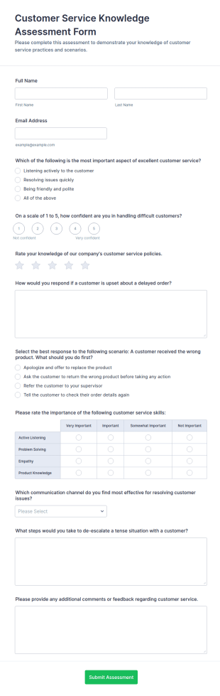 Customer Service Knowledge Assessment Form Template