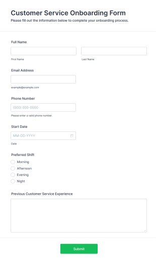 Customer Service Onboarding Form Template