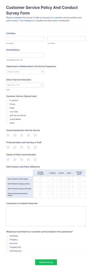 Customer Service Policy And Conduct Survey Form Template