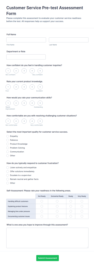 Customer Service Pre Test Assessment Form Template