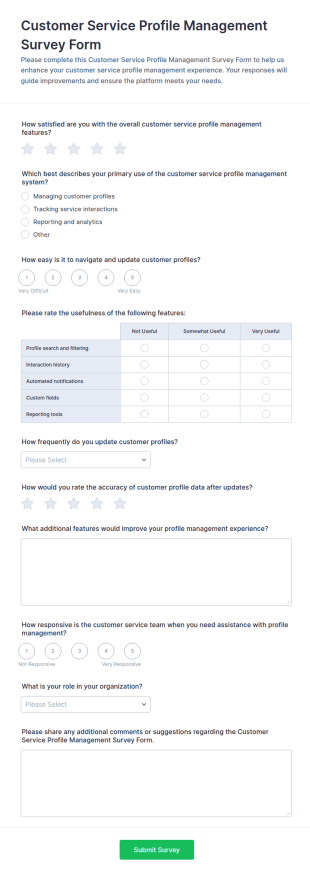 Customer Service Profile Management Survey Form Template