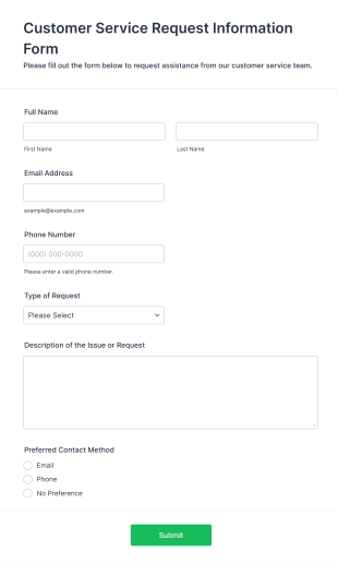 Customer Service Request Information Form Template