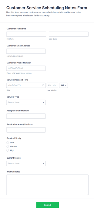 Customer Service Scheduling Notes Form Template