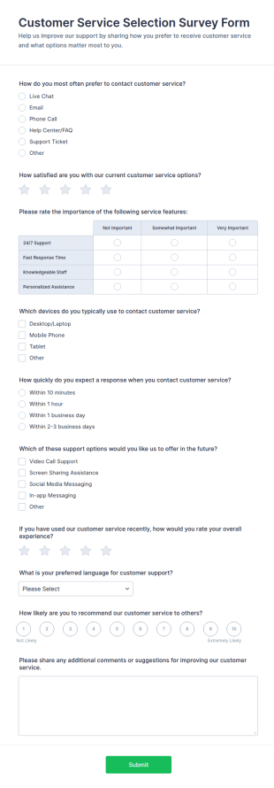 Customer Service Selection Survey Form Template