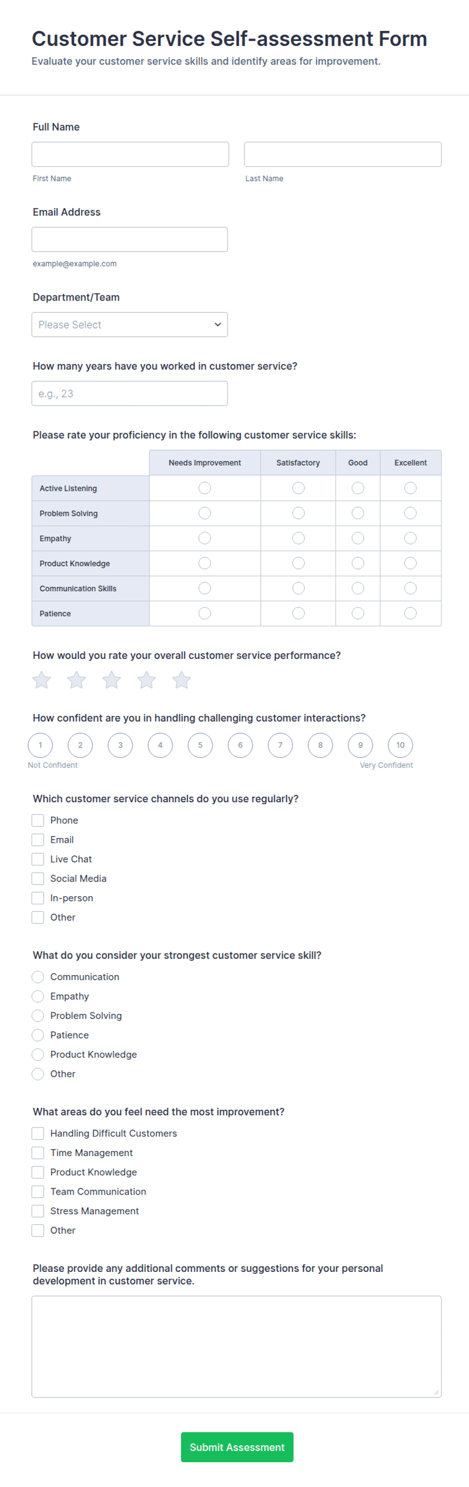 Customer Service Self-assessment Form Template | Jotform