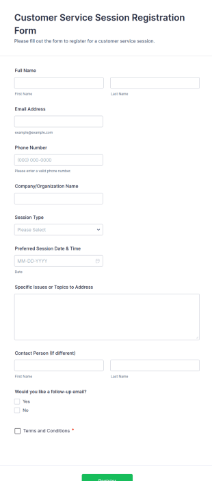 Customer Service Session Registration Form Template