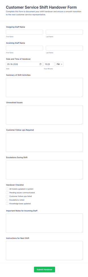 Customer Service Shift Handover Form Template