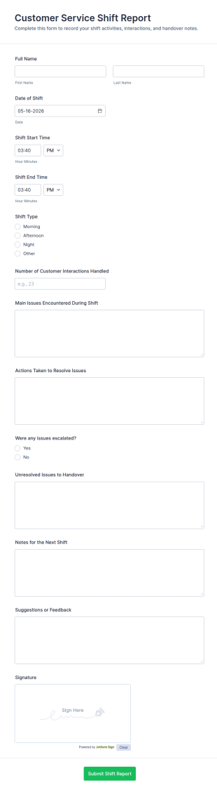 Customer Service Shift Report Form Template