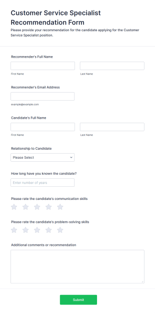 Customer Service Specialist Recommendation Form Form Template